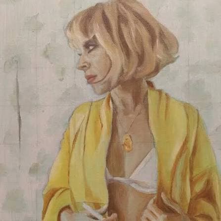 Katie Richards, in a yellow jacket, painted in oil