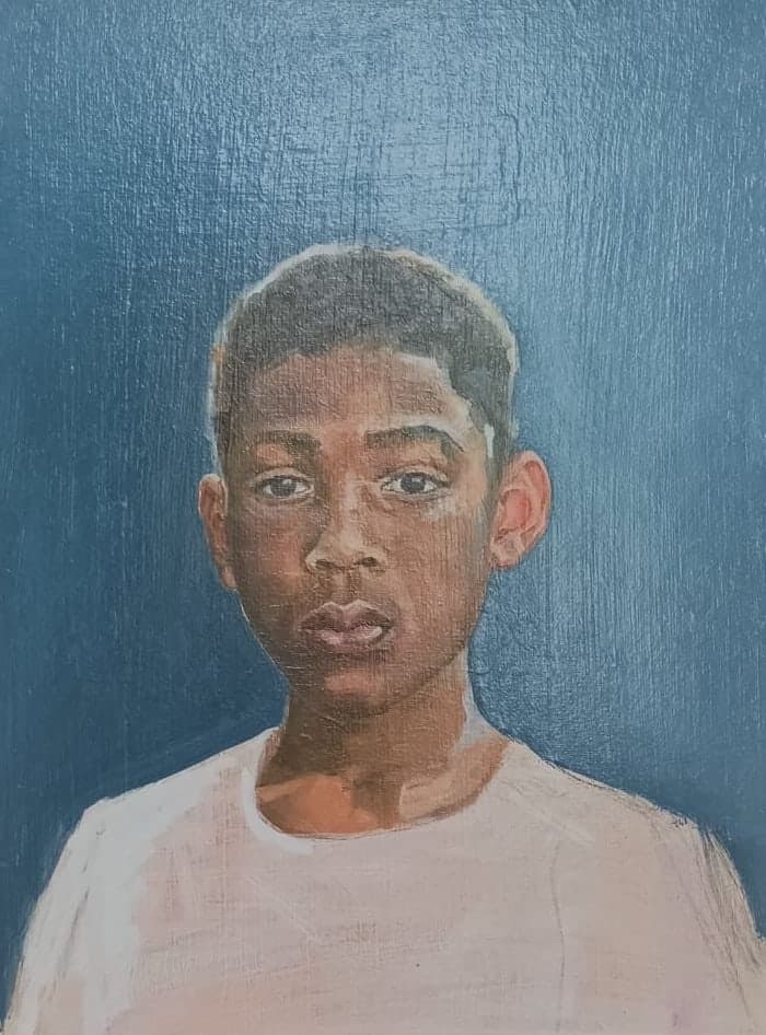 Boy in blue, oil on board