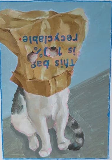 This bag is 100% recyclable, oil on canvas board